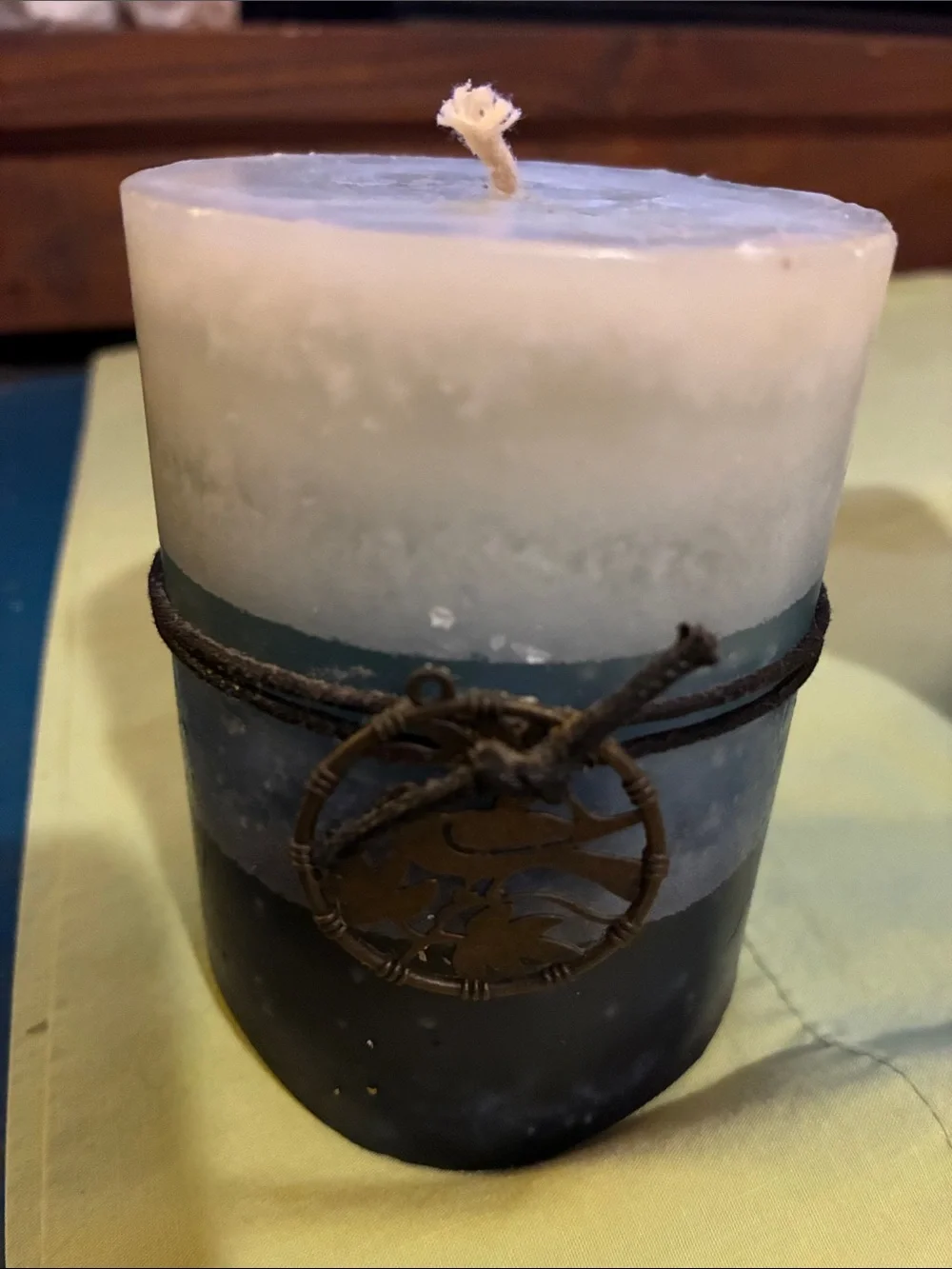 Set of Two Two-Tone Decorative Pillar Candles in Blue & Brown.